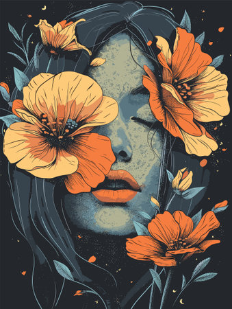 Beautiful girl with flowers in her hair. Hand drawn illustration.のイラスト素材