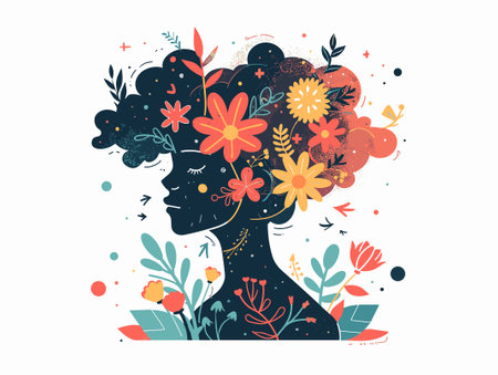 Vector illustration of a beautiful woman head with flowers in her hair.のイラスト素材