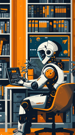 Robot working on a computer in the office. Vector illustration.のイラスト素材
