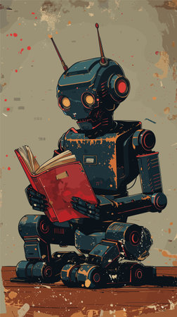 Retro robot reading a book. Vector illustration in retro style.のイラスト素材