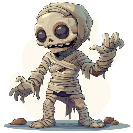 Cartoon illustration of a scary mummy with a skull in his handsのイラスト素材
