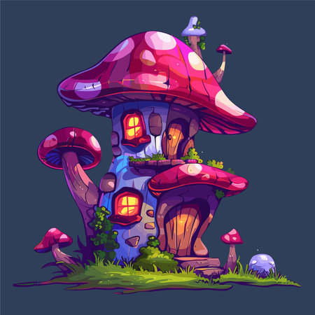 Fantasy mushroom house. Cartoon illustration of fantasy mushroom house isolated on dark backgroundのイラスト素材