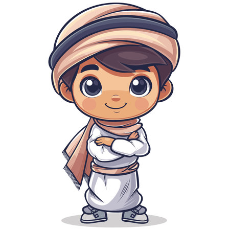 Arabic boy in traditional clothes. Vector illustration isolated on white background.のイラスト素材