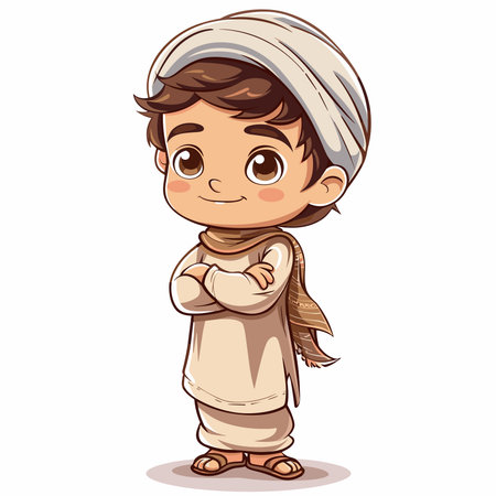 Vector illustration of Cartoon Muslim boy in traditional clothes. Isolated on white backgroundのイラスト素材