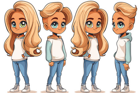 Cute little girl with different hairstyles and facial expressions illustration.