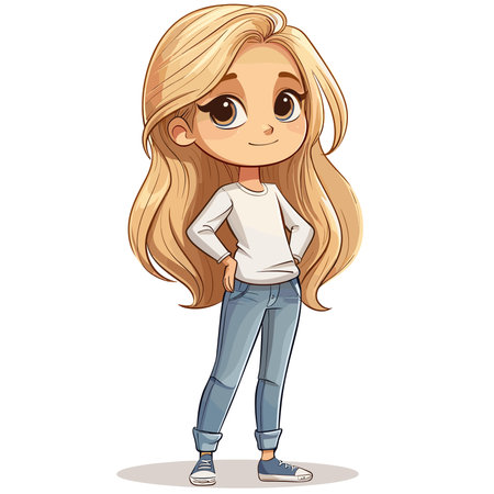Cute little girl with long blond hair. Vector cartoon illustration.のイラスト素材