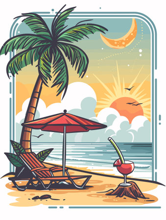 Beach with palm trees, sunbed and coconut cocktail. Vector illustrationのイラスト素材