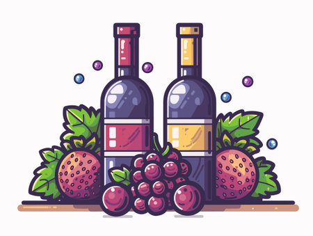Bottles of wine with grapes and strawberries. Vector illustration in cartoon style.のイラスト素材