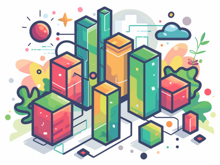 Isometric 3D vector illustration of abstract city with colorful buildings and skyscrapersのイラスト素材