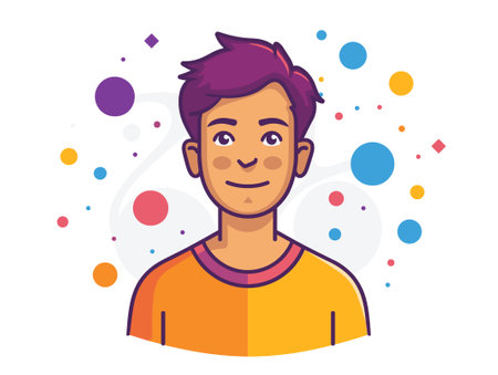 Vector illustration of a young man with colorful circles around his face.のイラスト素材