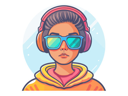Young woman with headphones listening to music. Vector illustration in cartoon styleのイラスト素材