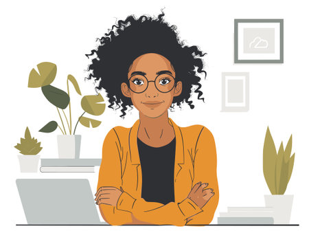Portrait of a young Afro-American woman sitting at her desk. Vector illustration.のイラスト素材