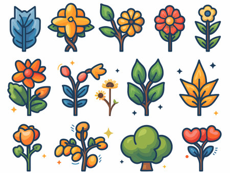 Flower and leaf icon set, flat design, vector illustration.のイラスト素材