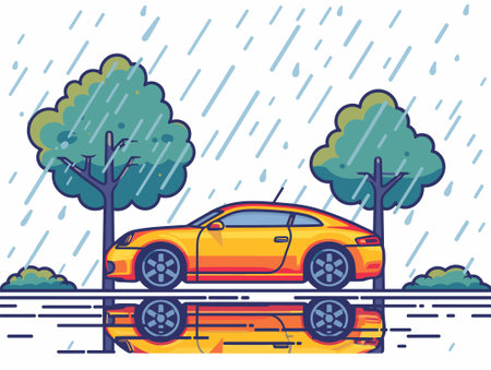 car in the rain with trees and pines vector illustration designのイラスト素材