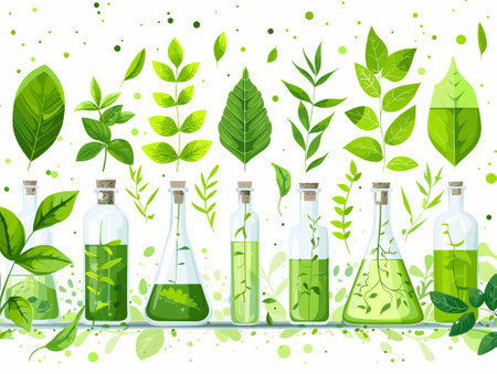 Set of herbs and leaves in glass bottles. Vector illustration. Natural organic cosmetic.のイラスト素材