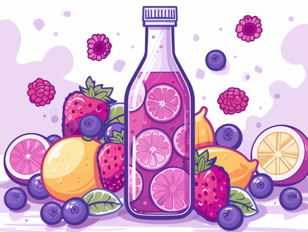 Bottle of lemonade with fruits and berries. Vector illustration.のイラスト素材