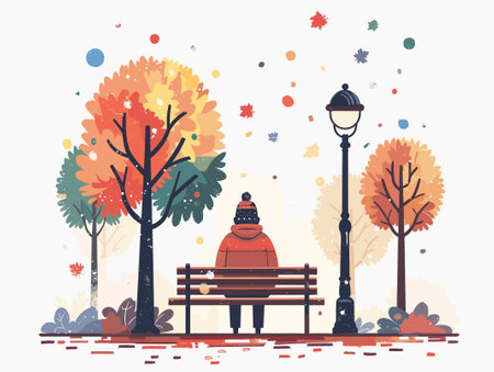 Autumn park. A man in a warm hat sits on a bench in the park. Vector illustration.のイラスト素材