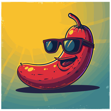 Smiling chili pepper with sunglasses on yellow background. Vector illustration.のイラスト素材
