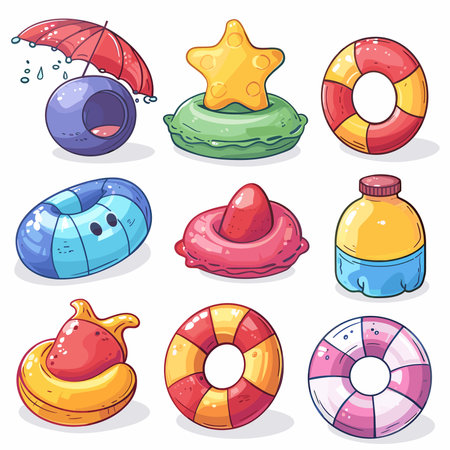 Cartoon summer beach icons. Vector illustration of a set of beach items.のイラスト素材