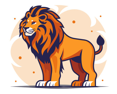 Cute cartoon lion sitting on the ground with leaves. Vector illustration.のイラスト素材