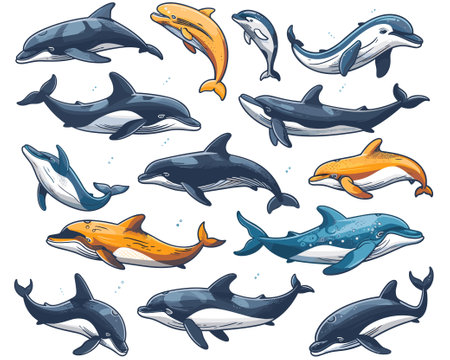 Set of cute cartoon whales isolated on white background. Vector illustration.のイラスト素材