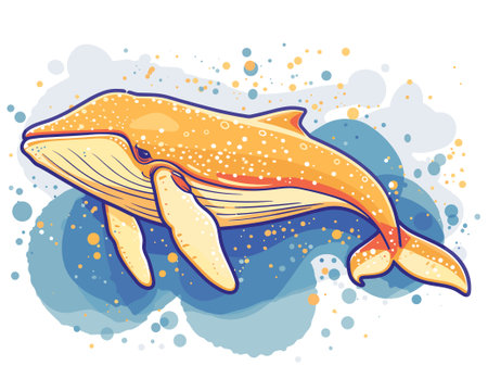 Vector illustration of a cute cartoon whale on a watercolor background.のイラスト素材