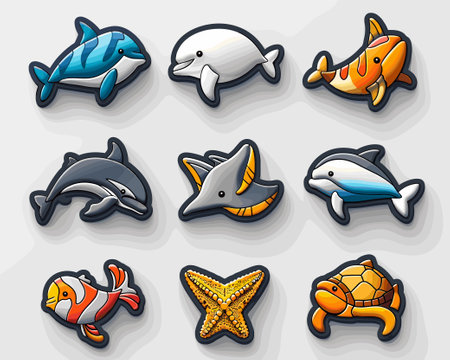 Cartoon dolphin icons set. Vector illustration of sea animal icons.のイラスト素材