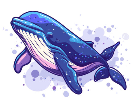 Vector illustration of a cute cartoon blue whale. Isolated on white background.のイラスト素材