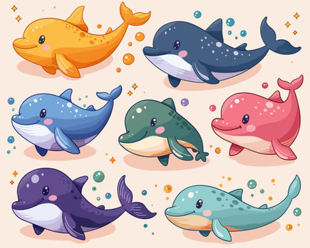 set of cute whales and fishes over pink background, colorful design. vector illustrationのイラスト素材