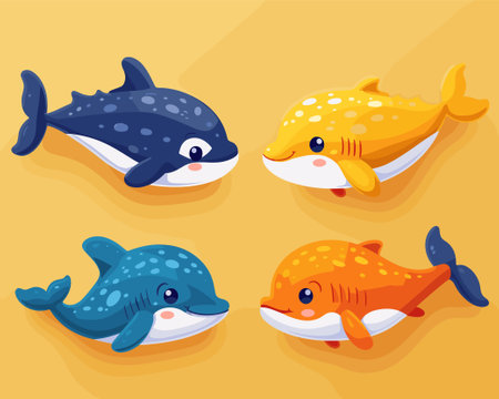 Set of cute cartoon whales. Vector illustration in a flat style.のイラスト素材