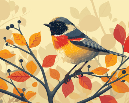 Bullfinch bird sitting on a branch with autumn leaves. Vector illustration.のイラスト素材