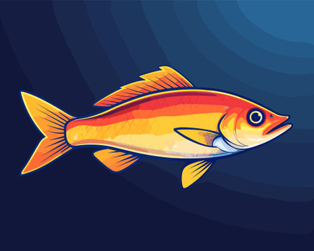 Vector illustration of a red fish on a dark blue background. Fish icon.
