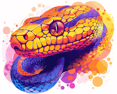 Illustration of snake on colorful background with splashes. Vector illustrationのイラスト素材