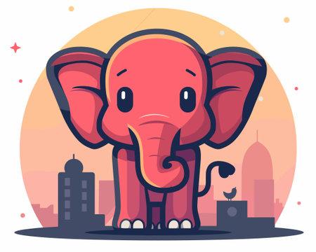 Cute cartoon elephant on the background of the city. Vector illustrationのイラスト素材