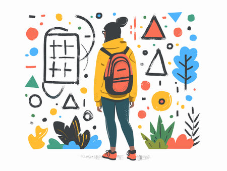 Vector illustration of a girl in a yellow jacket with a backpack on the background of geometric shapes.のイラスト素材