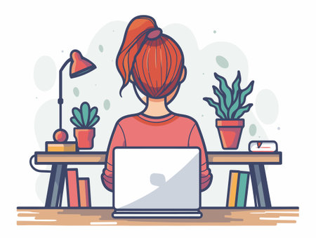 Freelance woman working on laptop at home. Vector illustration.のイラスト素材
