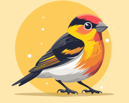 Bullfinch bird. Vector illustration in cartoon style on yellow background.のイラスト素材