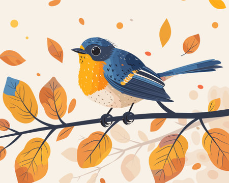 Vector illustration of a cute bird sitting on a branch with autumn leavesのイラスト素材