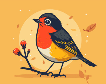 Cute robin bird sitting on a branch. Vector illustration.のイラスト素材
