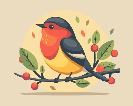 Cute bird on a branch with berries. Flat vector illustration.のイラスト素材