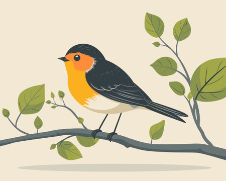 Robin bird sitting on a branch. Vector illustration in flat style.のイラスト素材