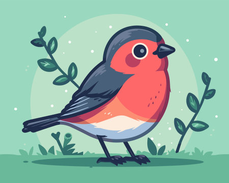Bullfinch bird on green background. Vector illustration in cartoon style.のイラスト素材