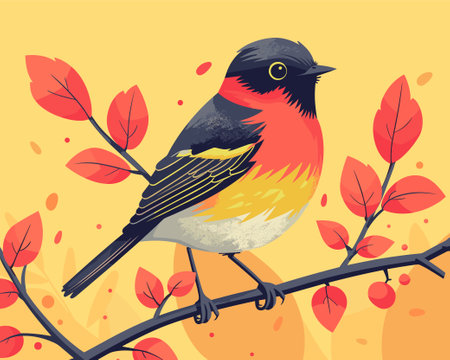 Bullfinch on a branch with red leaves. Vector illustration.のイラスト素材