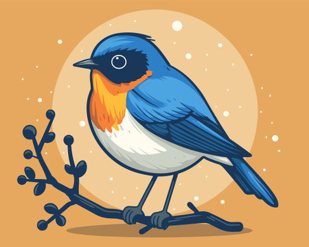 Vector illustration of a cute robin bird on a tree branch.のイラスト素材