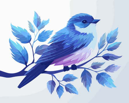 Vector illustration of a blue bird sitting on a branch with leaves.のイラスト素材