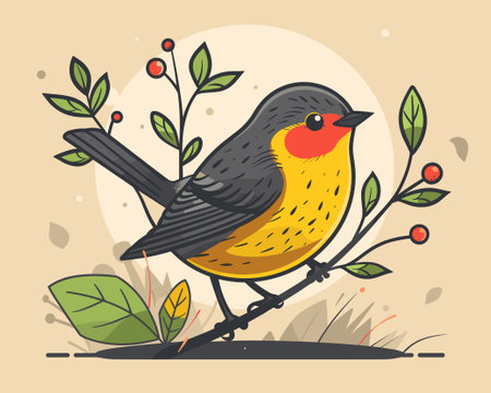 Cute little bird sitting on a branch with berries. Vector illustration.のイラスト素材