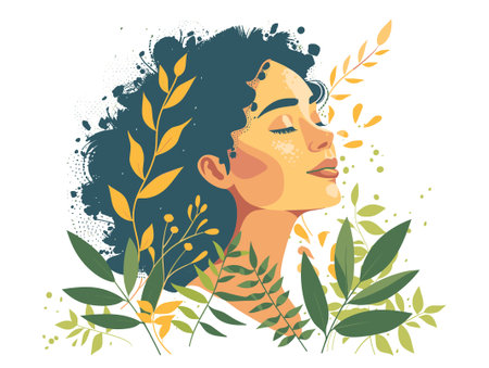 Portrait of a beautiful woman with green leaves. Vector illustration.のイラスト素材