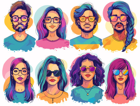 Group of hipster men and women with different hairstyles. Vector illustration.