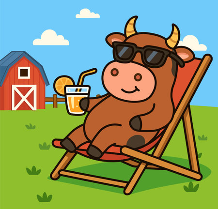 Cute cartoon cow in sunglasses relaxing on a deck chair with orange juice on a sunny farm flat vector style. Perfect for kids and farm-themed designs.のイラスト素材