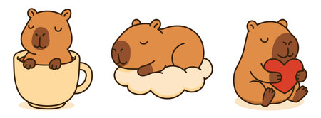 Adorable capybara illustrations in kawaii style: one sleeping in a cup, another on a cloud, and the last holding a heart.のイラスト素材